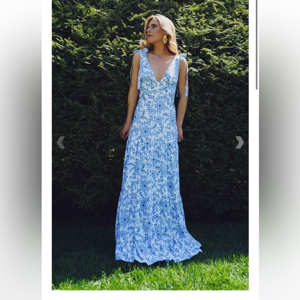 Blue and White Plunge Maxi Sundress for Weddings